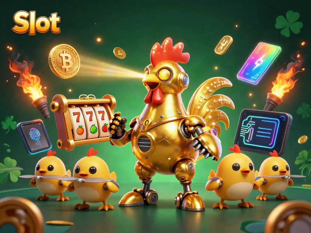 Slot robot emas dengan drone mengikuti, menyajikan mesin slot dan koin cryptocurrency.
