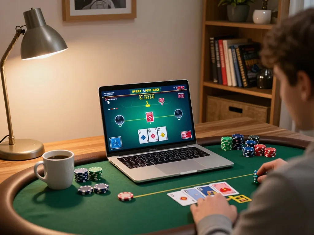 Player engaging in poker on taixiusunwin.art during a cozy gaming session at home