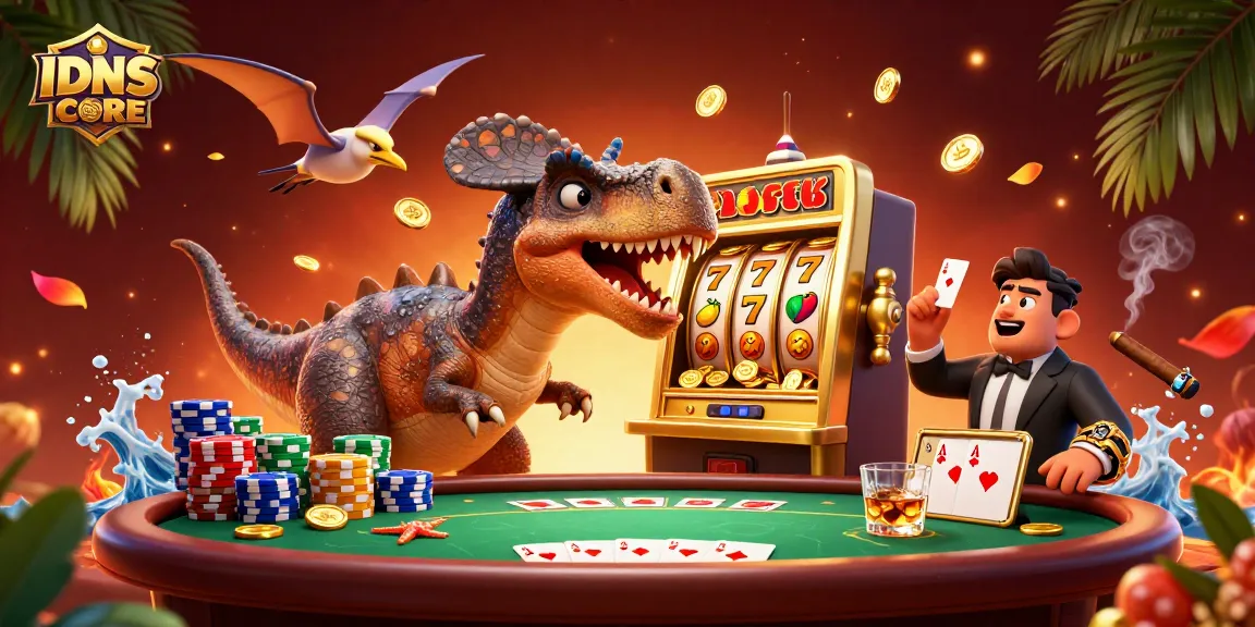 IDNSCORE delivers excitement as a dinosaur celebrates a jackpot win from a golden slot machine.