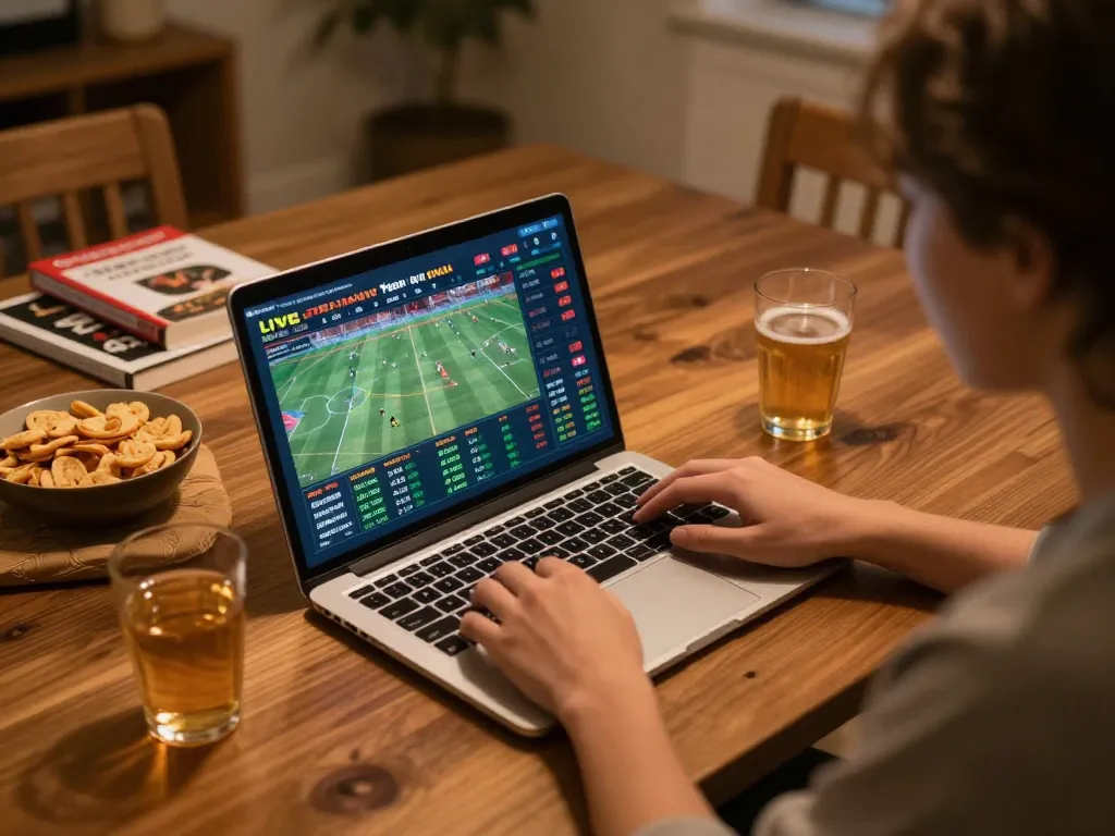 Engaging in sports betting at home with strategic insights on https://sc88.games/ shown on laptop.