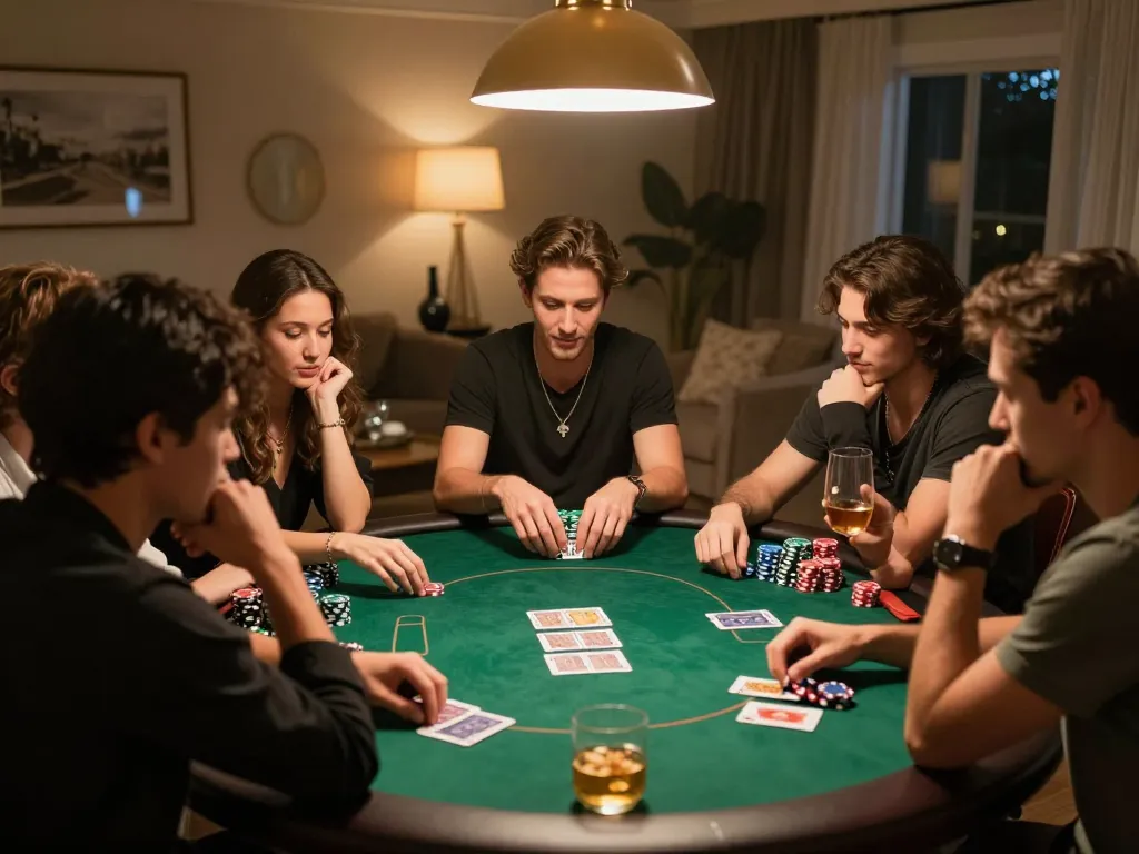Engaged players enjoying a poker game at home while learning strategies from kathleenmartincoaching.