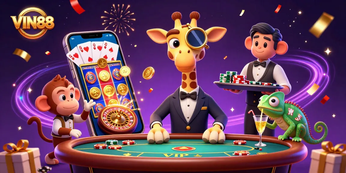 Engage in the thrilling world of VIN88 with high-stakes gambling elements and an exciting casino atmosphere.