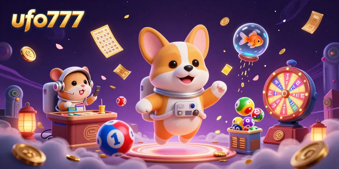 Experience ufo777 thrills with a cosmic gaming scene featuring floating characters and vibrant lottery elements.