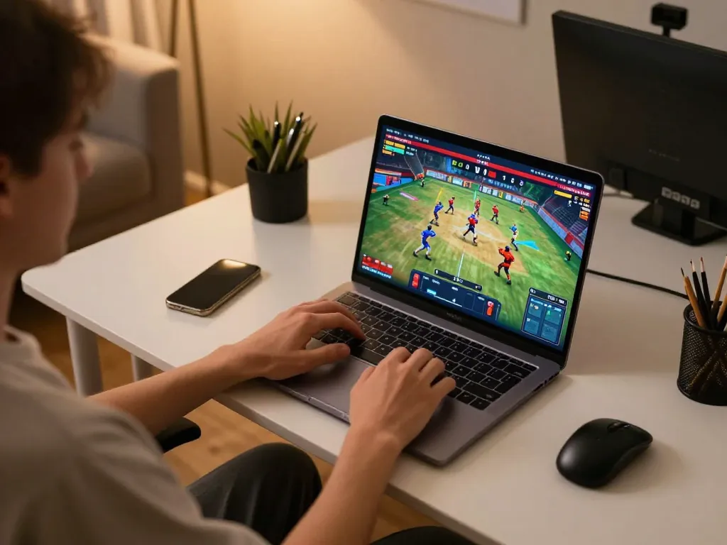 Engaging live cockfighting match on congaden streamed on a laptop at a cozy home office setup.