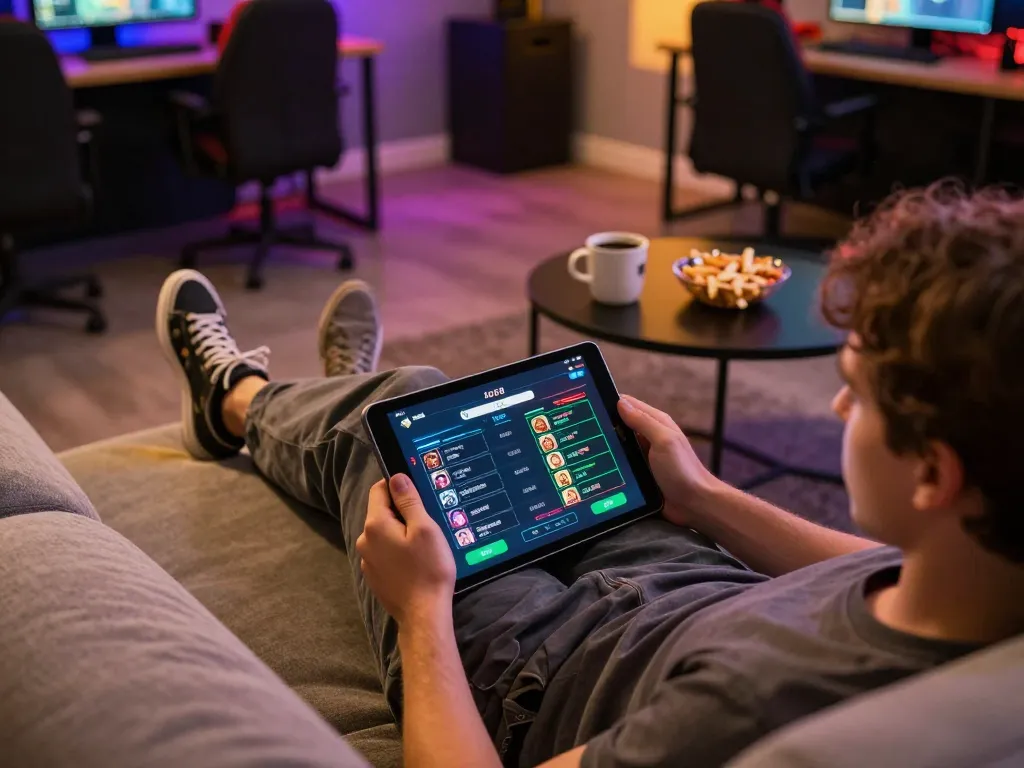 Engaging online gaming at go8 with a player using a tablet for immersive betting.