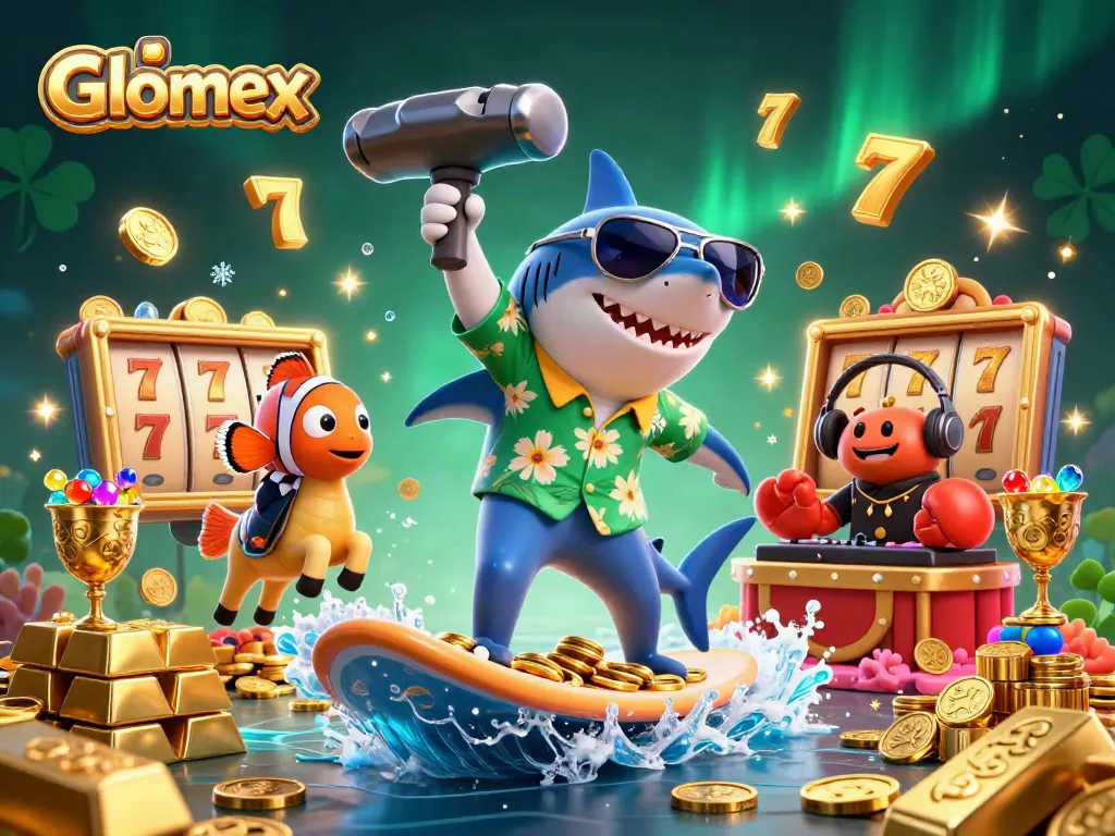 Glomex celebrates winning strategies with a shark surfing coins and casino elements in exciting 3D art.