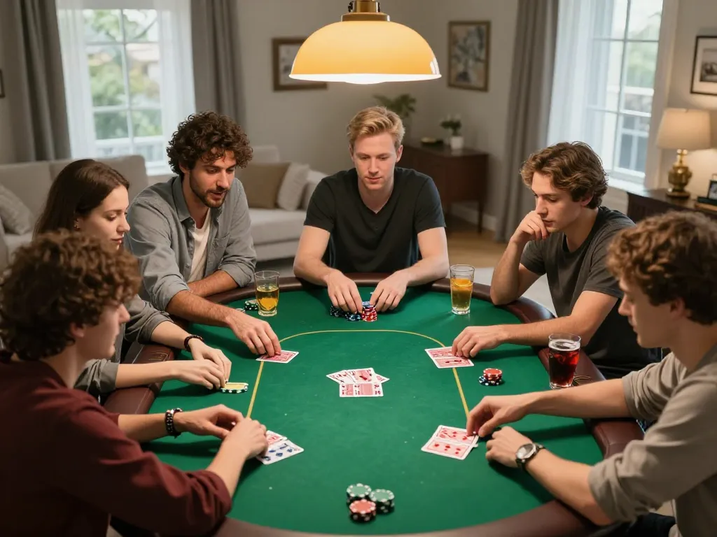 Players enjoying a lively poker game at a cozy home setting with cm88 branding visible