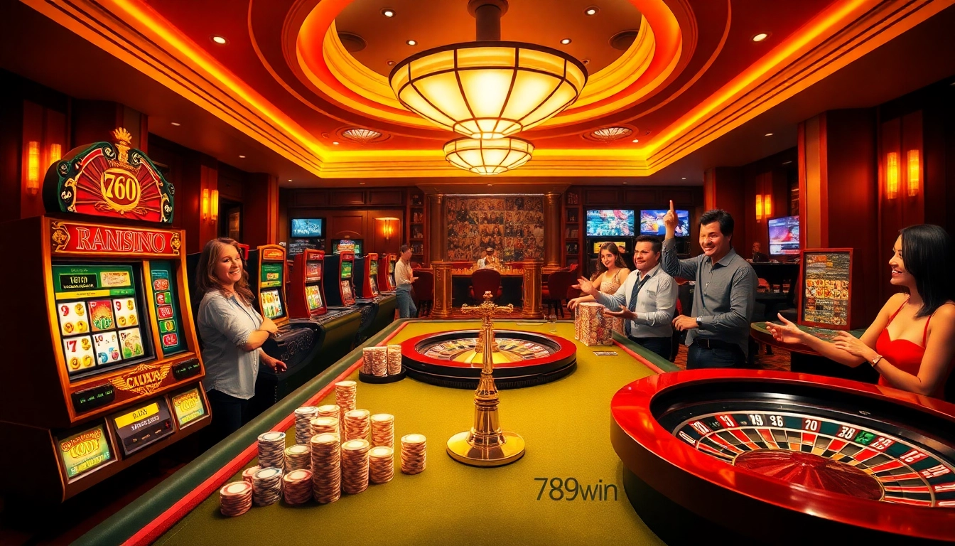 An exciting casino scene with players enjoying games, showcasing 789win's vibrant gambling atmosphere.