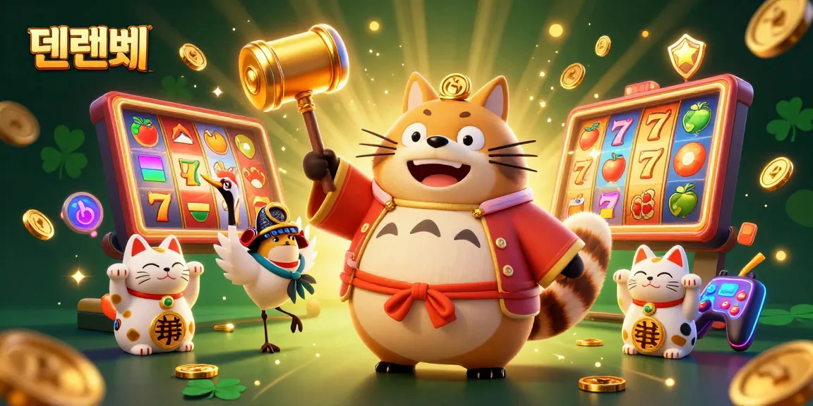 텐텐벳 showcases a vibrant casino scene with a cheerful tanuki, crane, and waving maneki-neko amidst colorful slot machines.