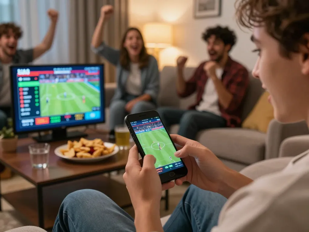 VIN88 user actively engaging with sports betting app on smartphone, creating an exciting home gaming atmosphere.