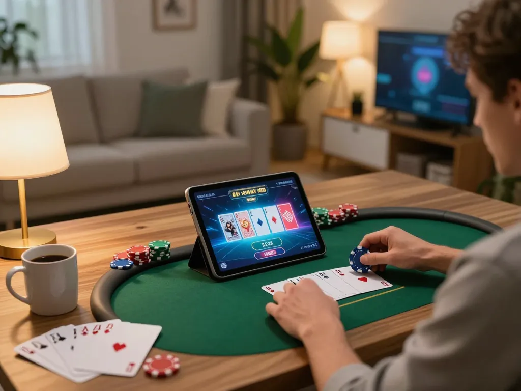 Engaging in online poker gameplay at f168 with tablet and strategy notes in a cozy home setting
