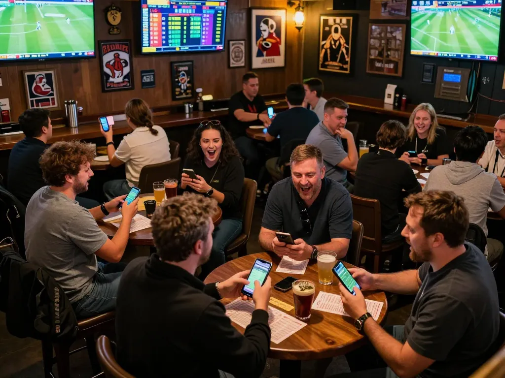 Excited patrons engaging in sports betting activities at a lively venue while checking rr88l1 com.