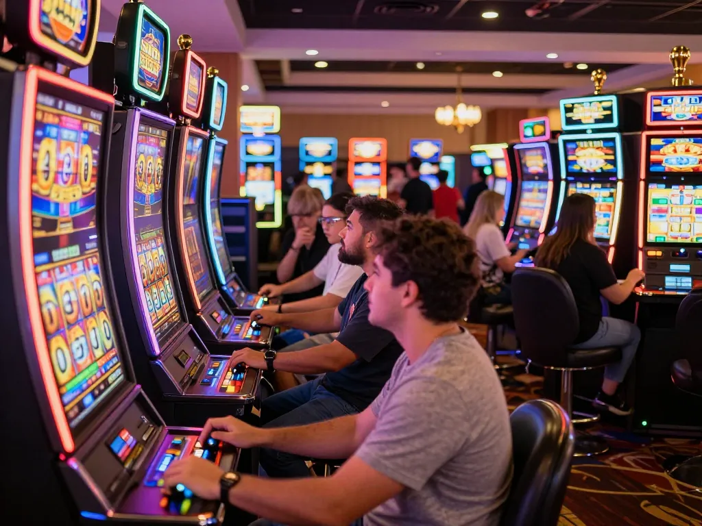 Players enjoying slot machines at casascholars casino, bright neon lights and colorful reels enhance excitement.