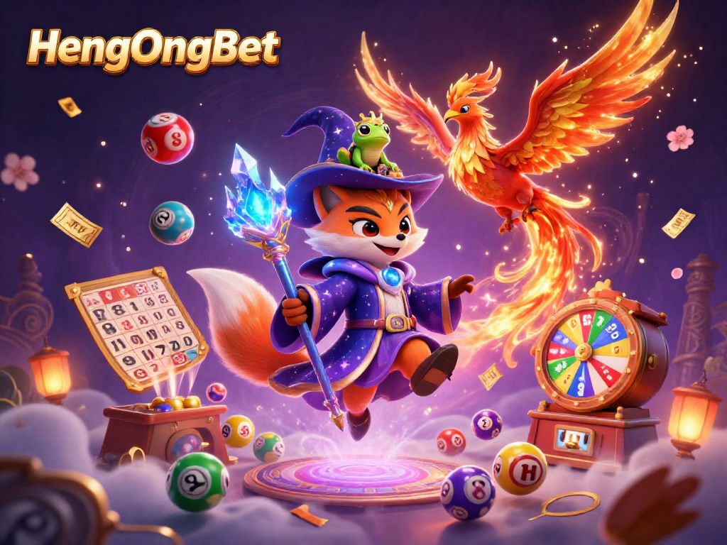 Join the excitement at HengOngBet with vibrant lottery elements and enchanting casino characters.