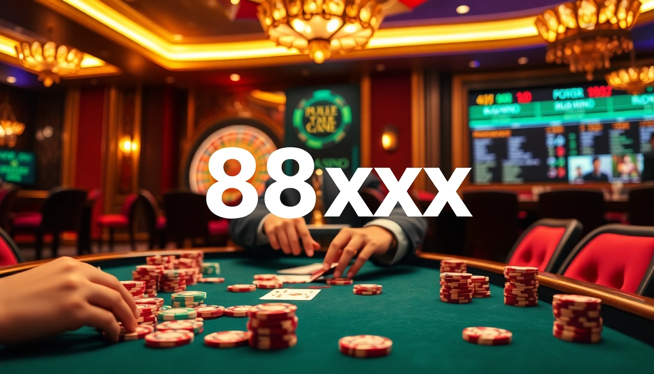 Players strategizing at the 88xx online casino table with vibrant poker chips and cards.