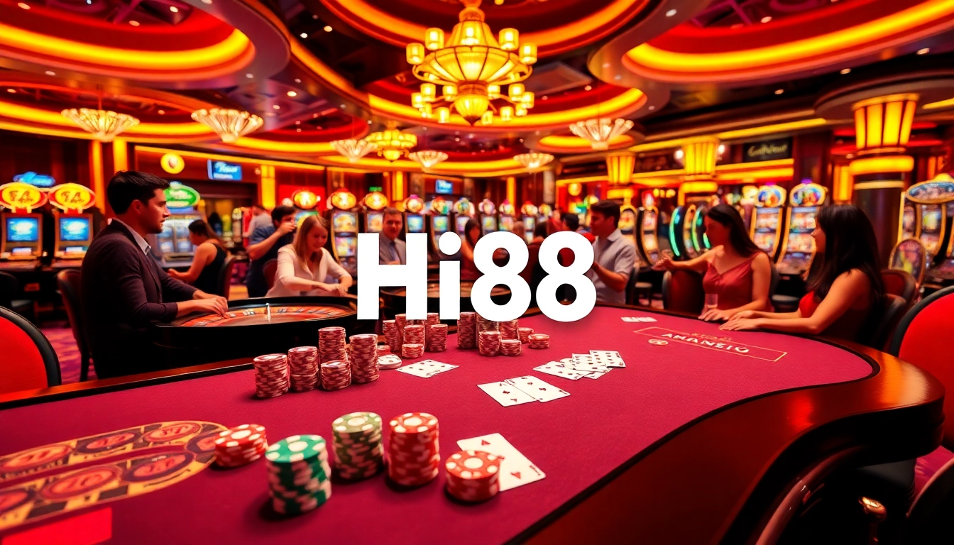 Illustration of an exciting Hi88 casino scene with players at tables, cards, and vibrant slot machines.