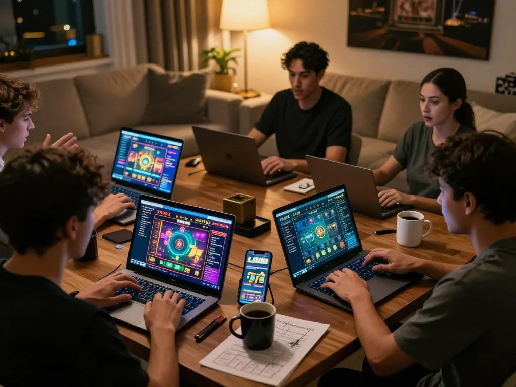 Players engaging with LV88 online casino games on various devices in a cozy home setting