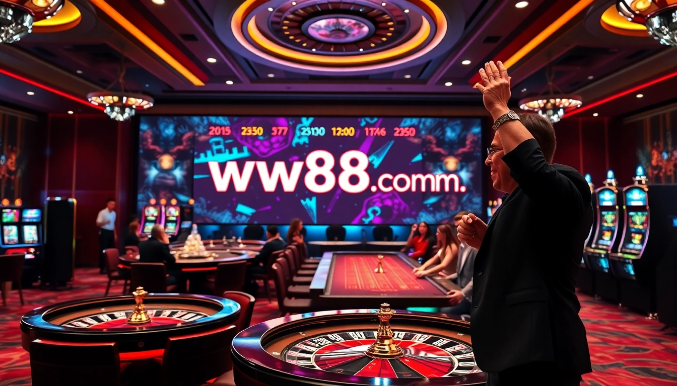 Players celebrating at high-stakes tables in a luxurious setting, featuring ww88 com prominently.