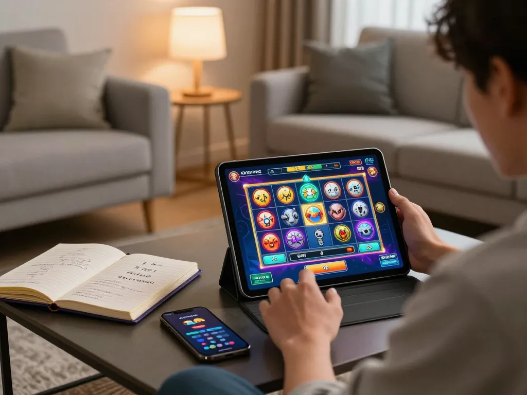 Engaging in online gaming with the latest situs slot gacor interface on a tablet in a cozy home setting.