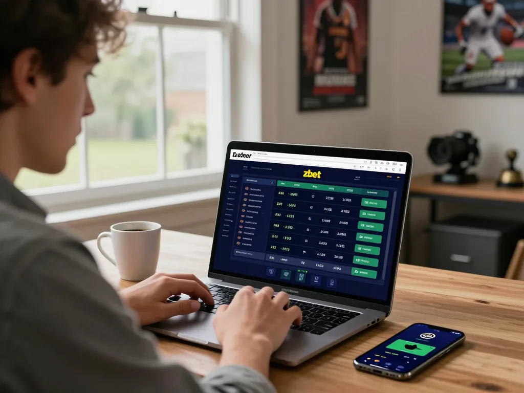 Engaged user interacting with zbet betting platform in modern home office.