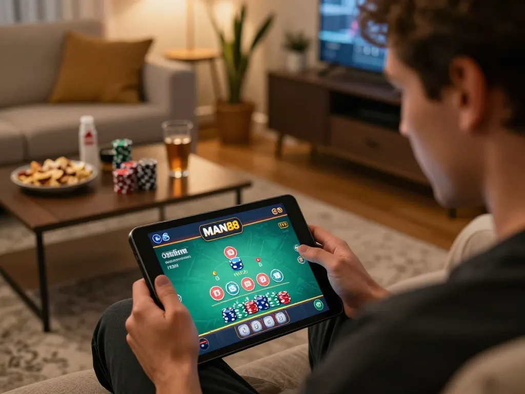 Engaging in an online blackjack session on the MAN88 platform from a cozy living room.
