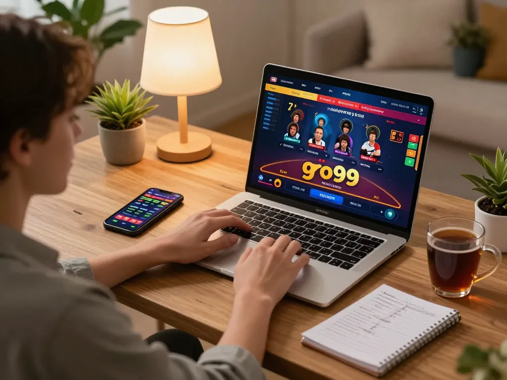Engaging online gaming at go99 with laptop and smartphone, depicting a cozy home setup.