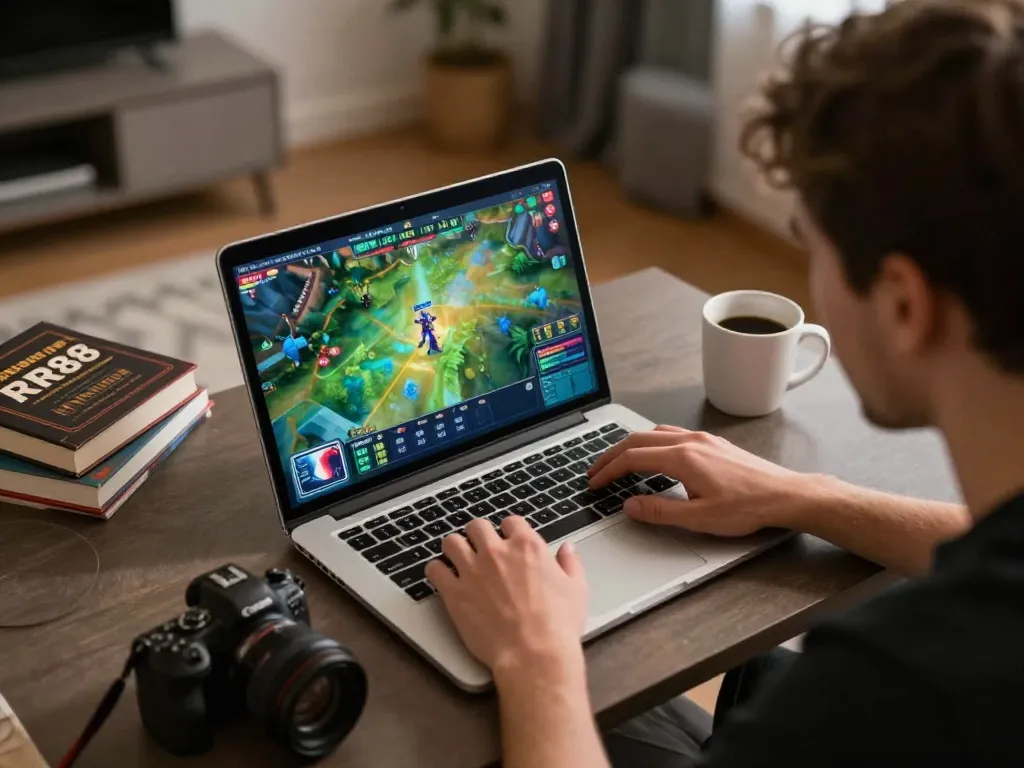 Engaging user playing on RR88 online casino interface on laptop, showcasing strategic gameplay elements.
