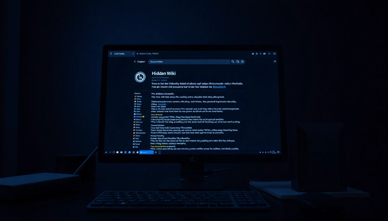 The hidden wiki displayed on a dark web interface, showcasing .onion links and security tools.