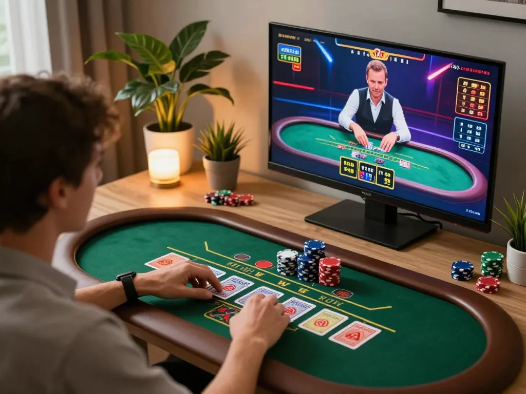 kk win online baccarat game session with a player focused on laptop screen, showcasing strategic gameplay and responsible entertainment