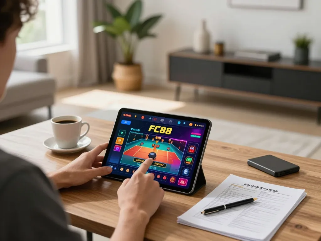 Engaging with the FC88 casino app during a cozy online gaming session featuring colorful live dealer games.