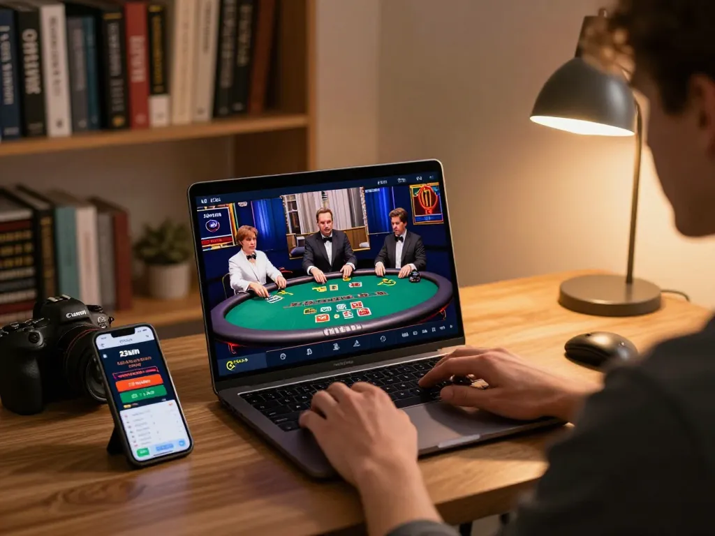 Engaging in live dealer blackjack action at 23win with a laptop and smartphone setup.