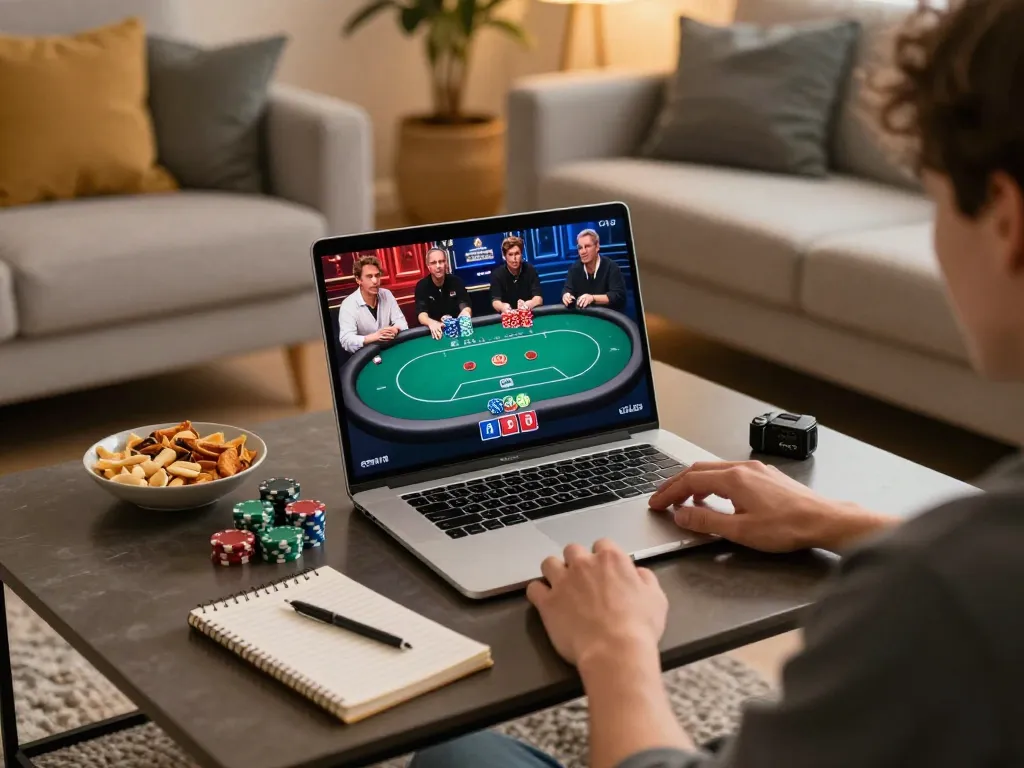 Player engaging in a strategic poker game online with MM88 on a laptop, surrounded by cozy home elements.