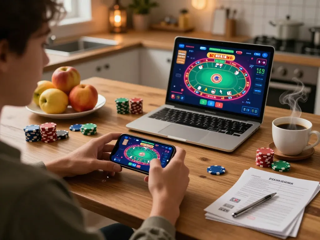Person enjoying online gambling with Hubet, focused on mobile gameplay amidst chips and strategy notes
