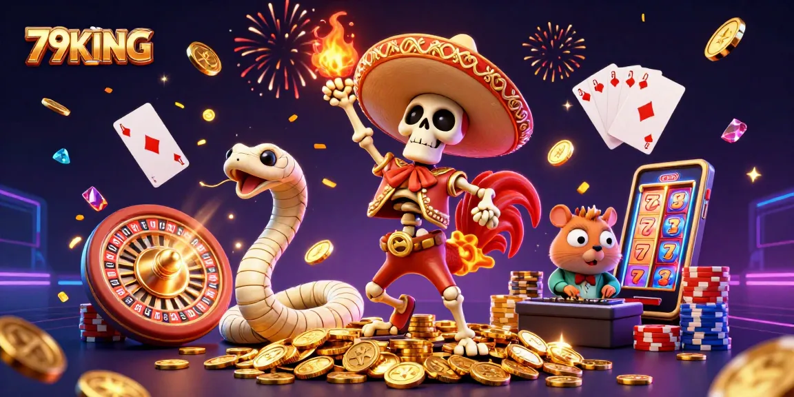 Win big at 79KING with a festive 3D casino scene featuring vibrant characters and dynamic games.