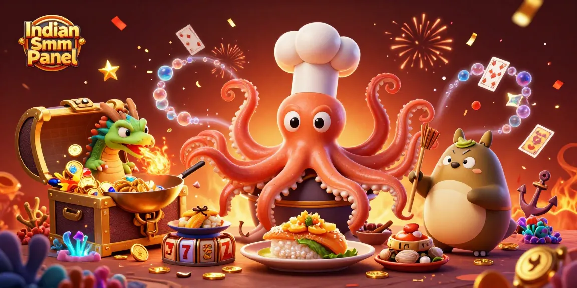 Engage with Indian Smm Panel, featuring a sushi chef octopus in a vibrant casino scene with treasure and slot reels.