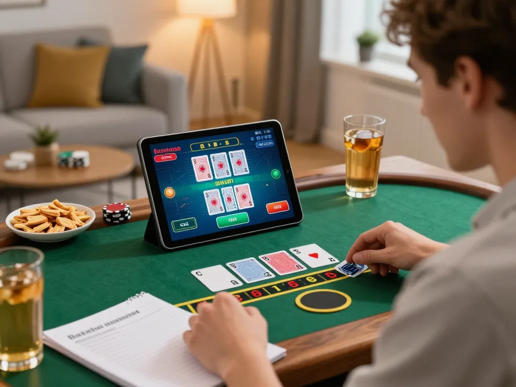 Player enjoying SC88 live dealer blackjack on tablet at home, showcasing strategic gameplay.
