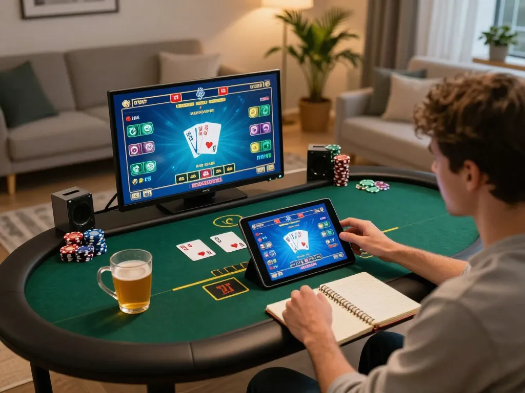 Player enjoying online gambling on a tablet, engaging with KJC's live dealer, creating a strategic betting atmosphere