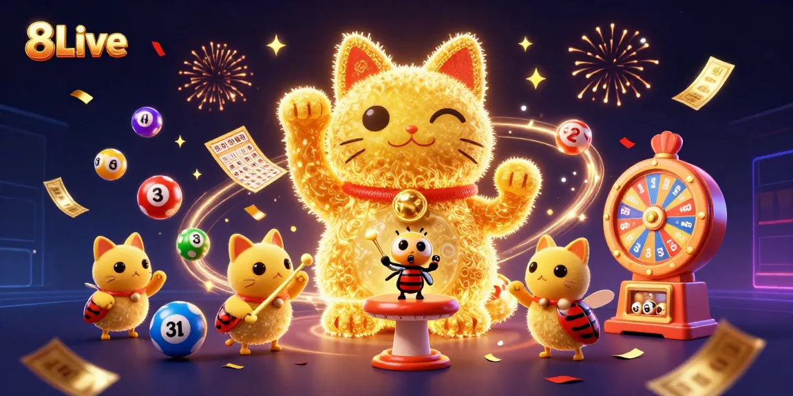Experience 8Live's vibrant gaming atmosphere with lucky cat made of golden fireflies and dynamic lottery elements.