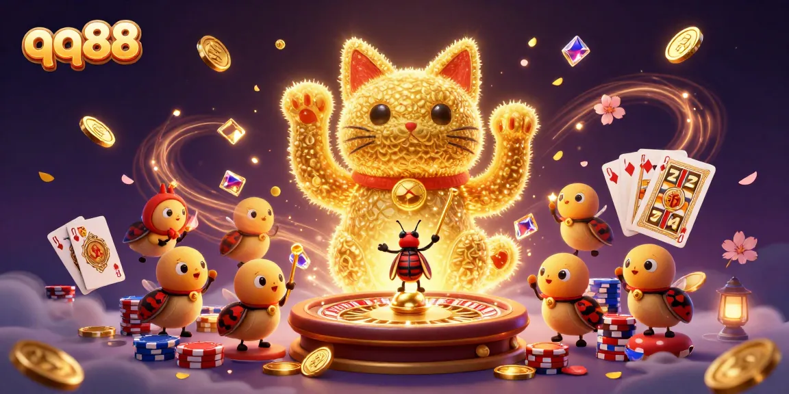 Engage with qq88's dynamic casino world, featuring a lucky cat made of golden fireflies surrounded by vibrant gaming elements.