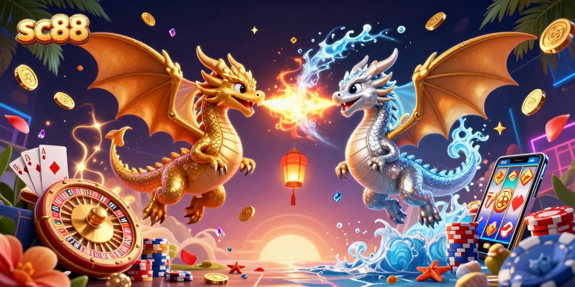 sc88 dragons breathing fire and ice amidst golden coins and vibrant casino elements, dynamic gaming scene