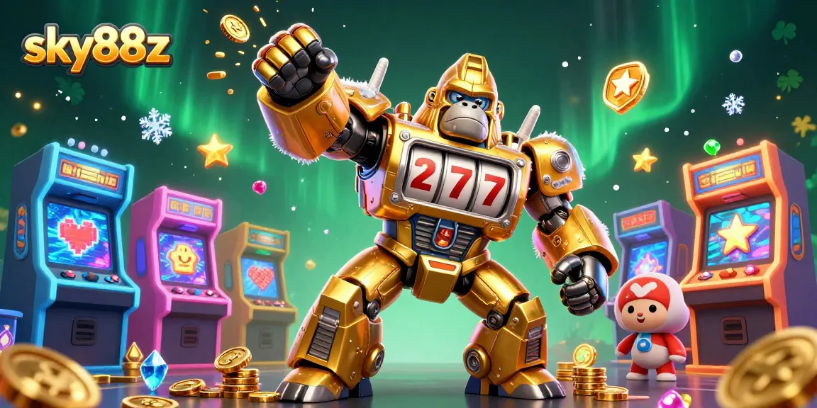 Sky88z showcases an epic casino battle with a golden gorilla mech amidst vibrant gaming machines.