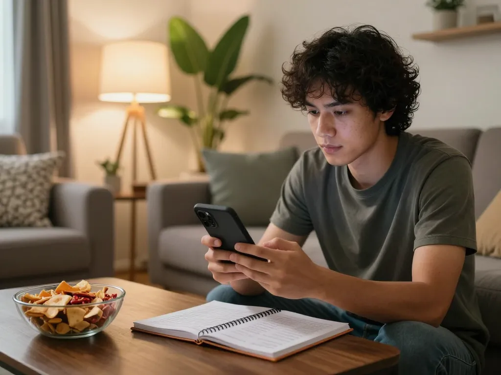 Engaged player on XX88 using smartphone for gambling strategies in a cozy home setting.