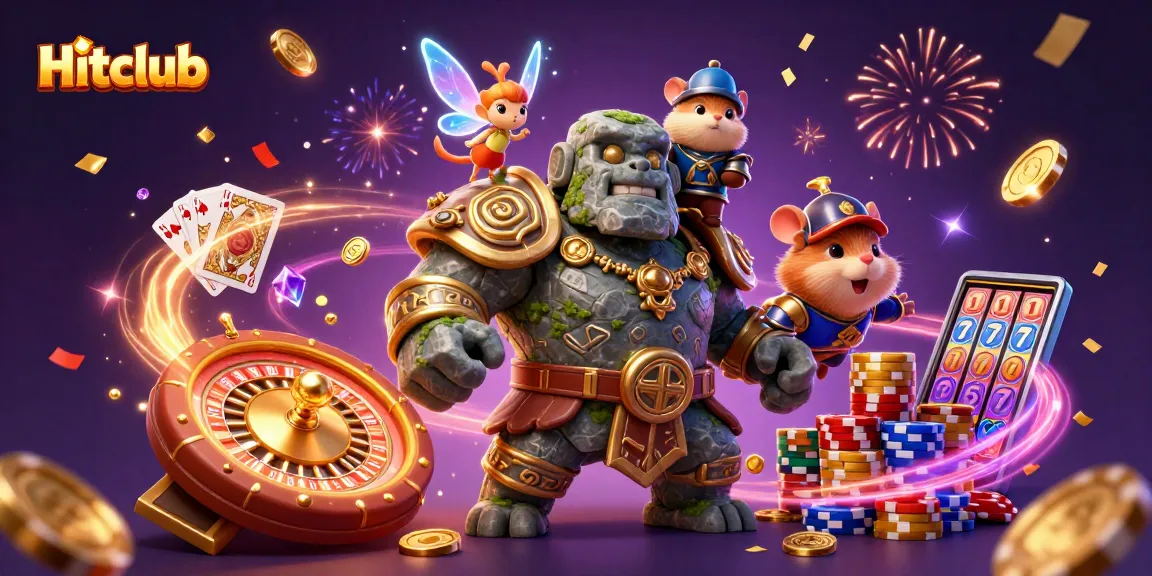Engage with Hitclub's thrilling gameplay amidst golden coins and magical elements in this dynamic casino scene.