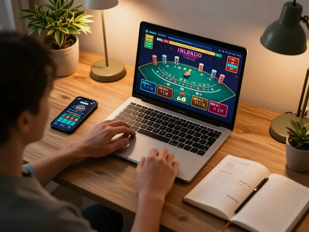 Engage with kdslot gameplay on a laptop during a cozy home gaming session, showcasing strategy notes and a betting app.