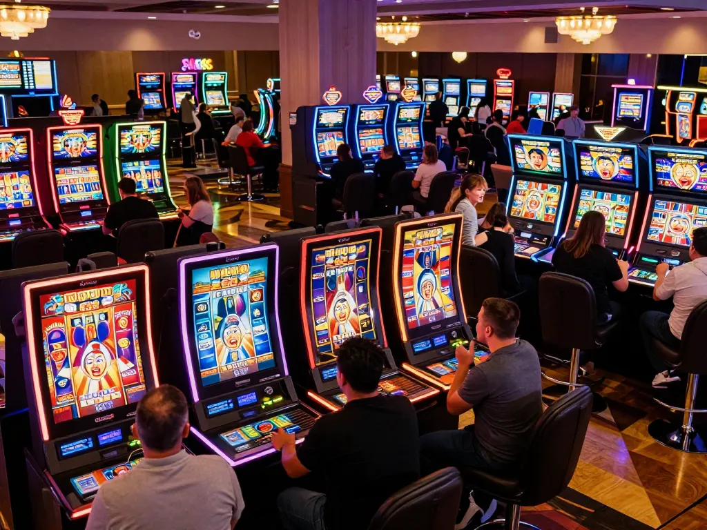 FC88 players celebrating wins at dynamic slot machines in a vibrant casino atmosphere