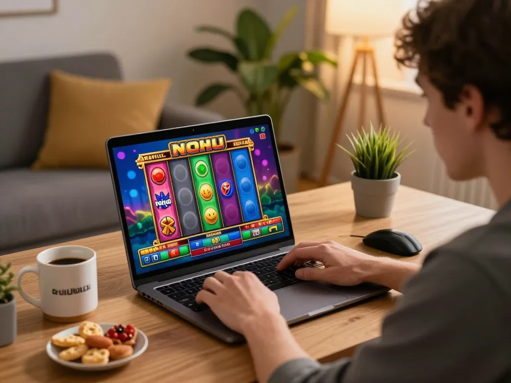 Engaging in nohu gameplay on a laptop while enjoying snacks in a cozy home gaming environment.