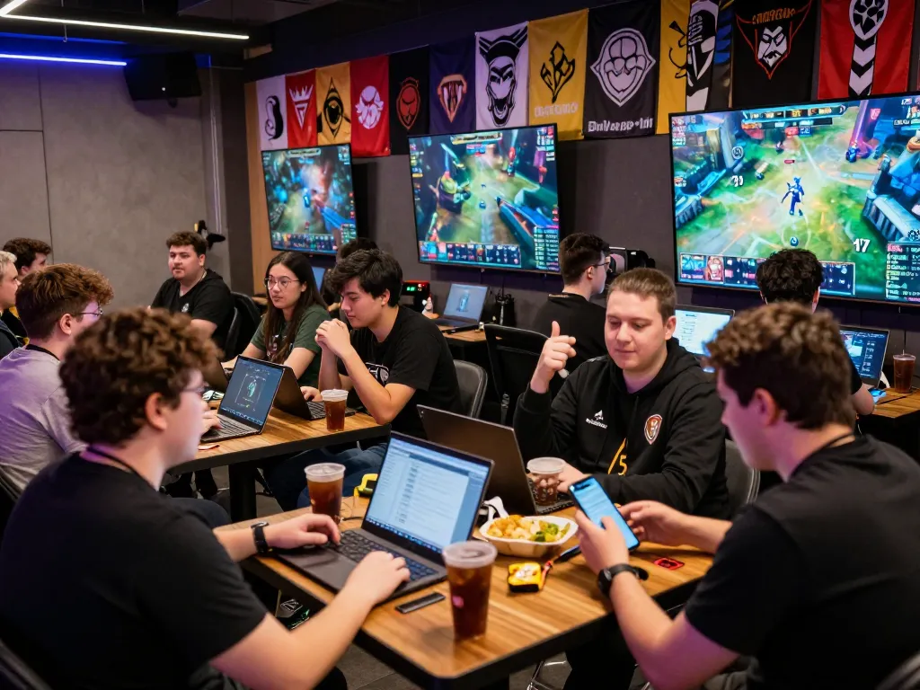 Dota 2 betting enthusiasts engaging in live matches at an esports lounge