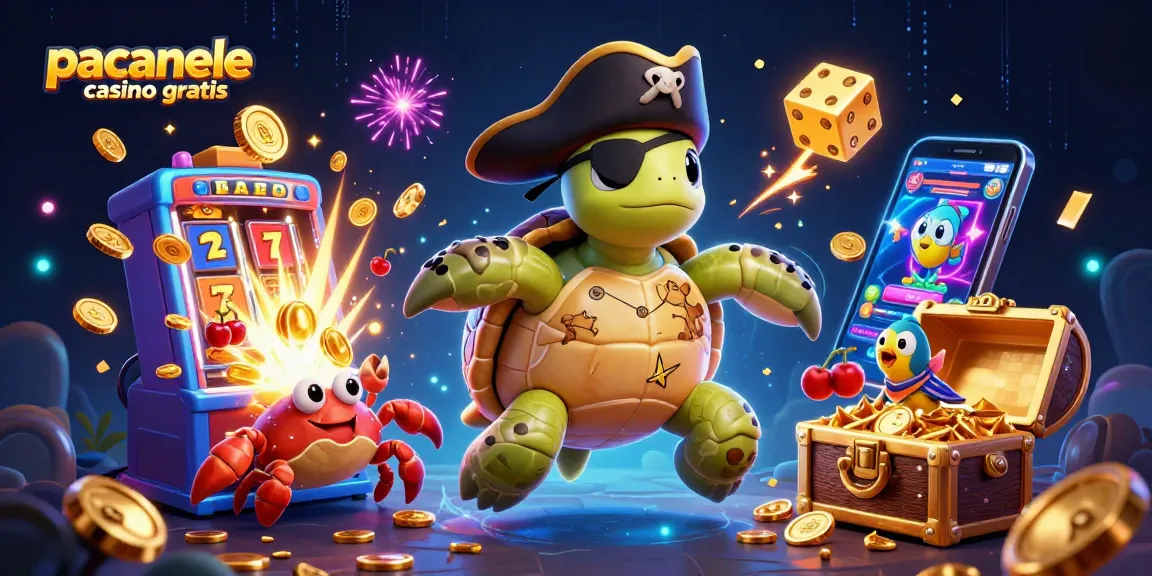 Păcănele casino gratis într-o ilustrație 3D captivantă cu o broască țestoasă pirat și un crab, explozie de jackpot și simboluri din jocuri.