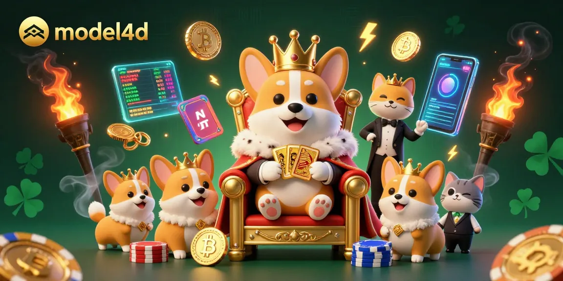 Permainan slot modal4d dengan raja corgi bermahkota emas dan chip poker yang memukau.