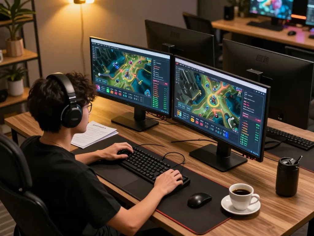 Engaged player exploring kèo nhà cái options on multiple screens in a professional online gaming setup.